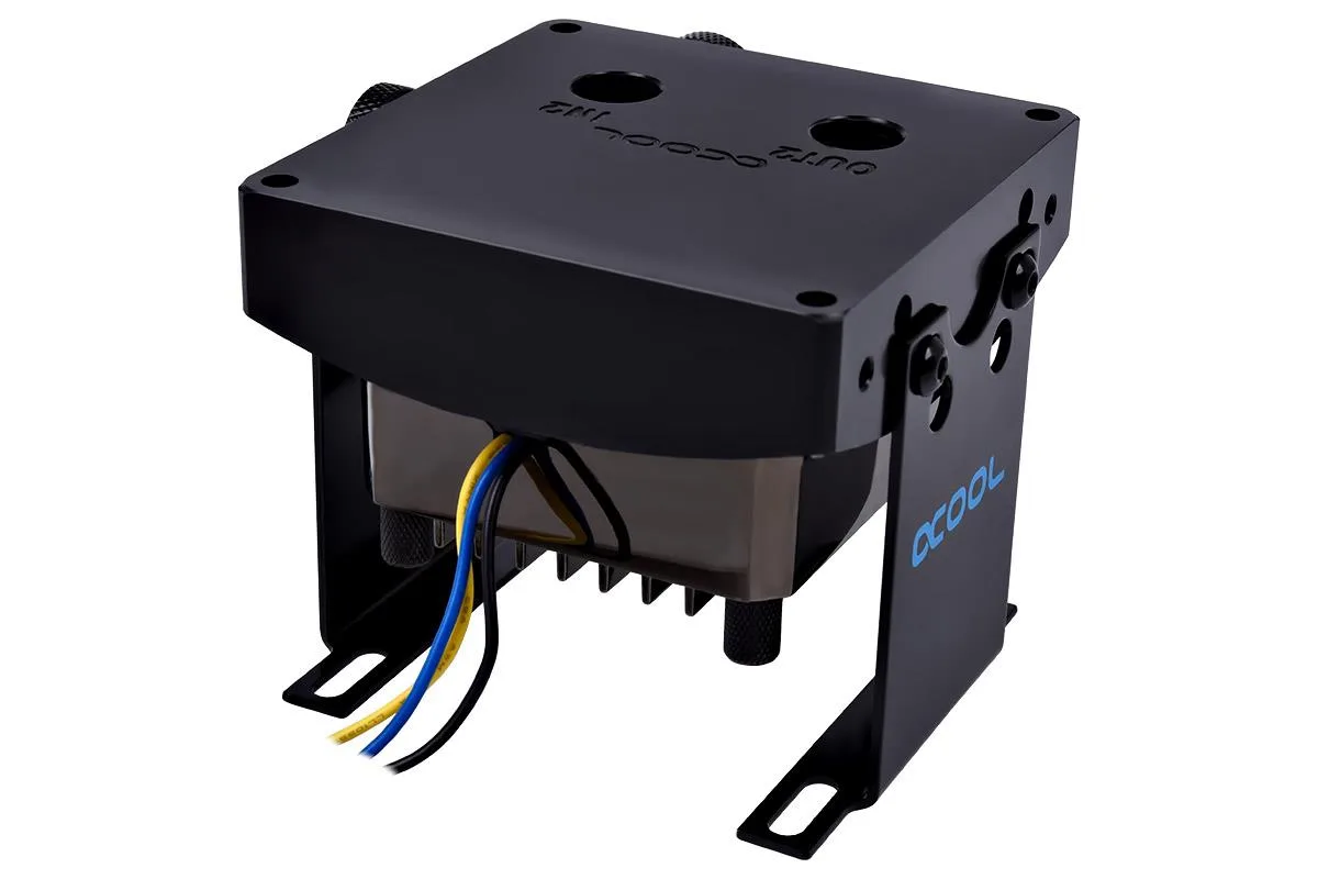 Black cylindrical pump with acetal top and brass housing, pre-assembled with mounting bracket