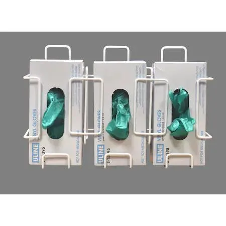 White powder-coated wire rack holding three glove boxes side-by-side