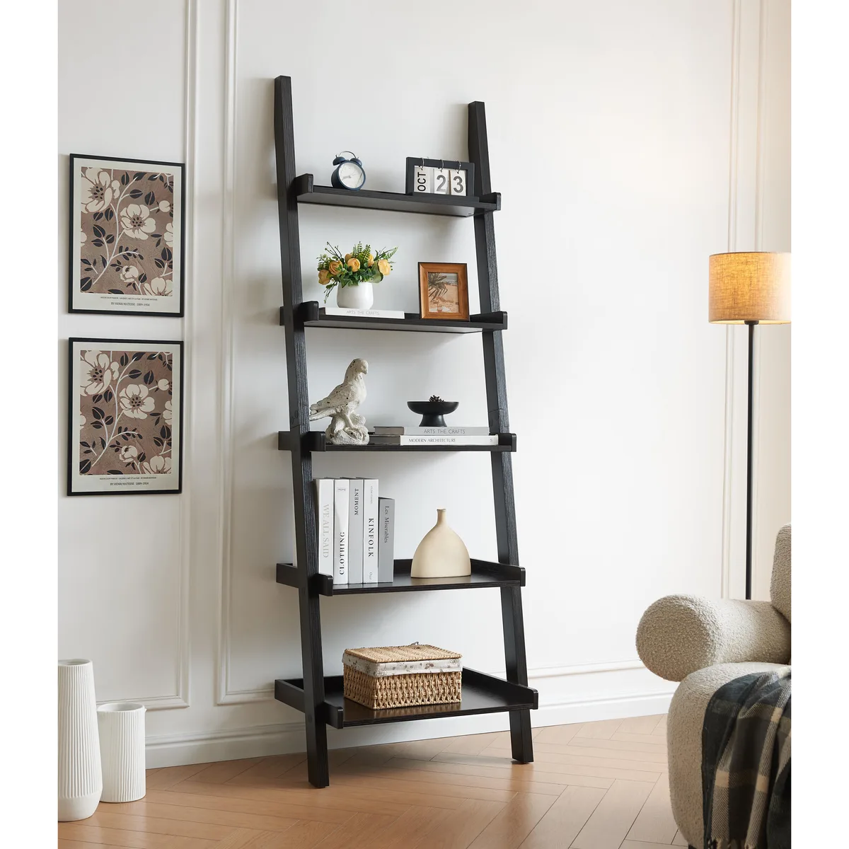 Espresso ladder bookshelf with five floating multi-depth shelves and rounded barrier corners