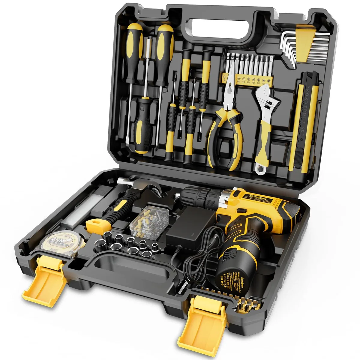 Yellow hard case holding 166-piece tool set with compact 12V cordless drill