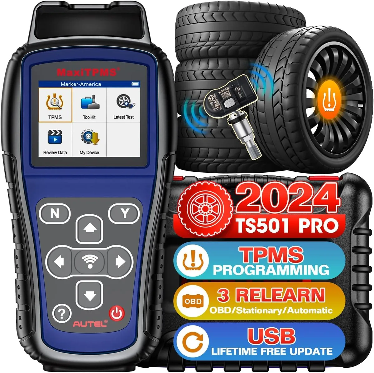 Handheld TPMS programming tool with colour screen and OBD connector