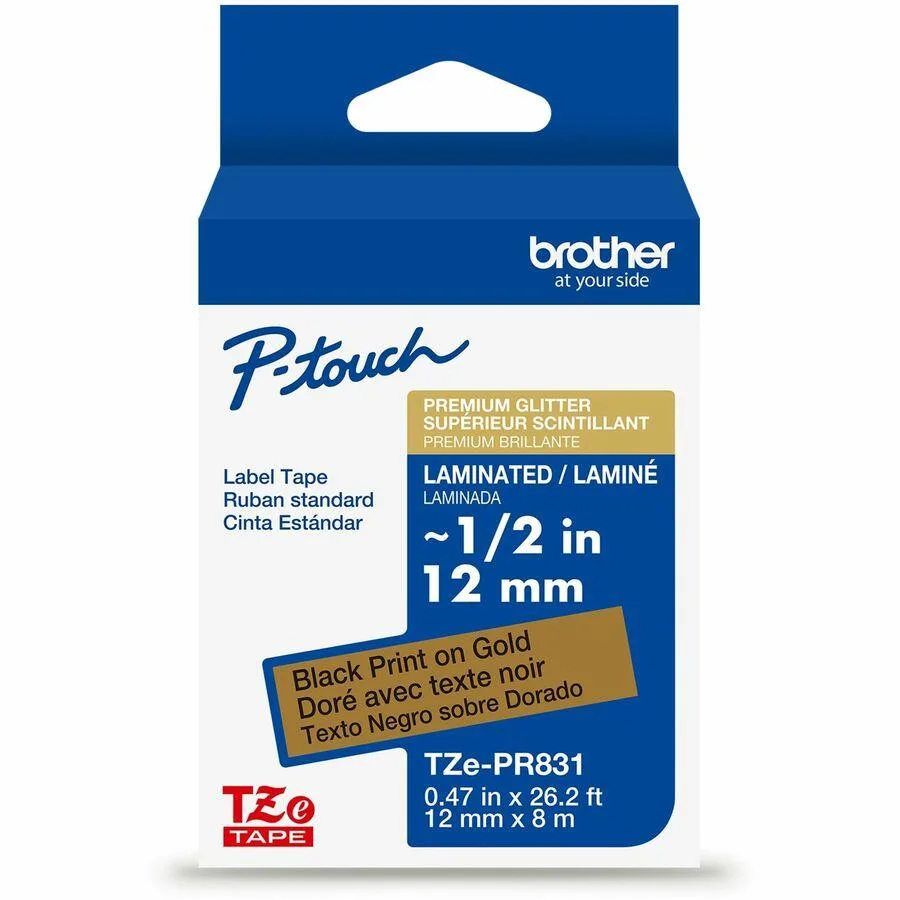 Gold glitter laminated label tape cartridge with black print 831
