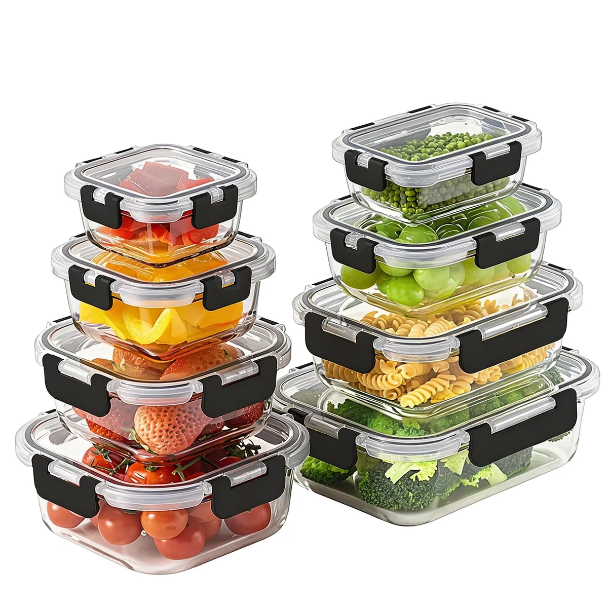 Eight clear borosilicate glass containers with red snap-lock lids
