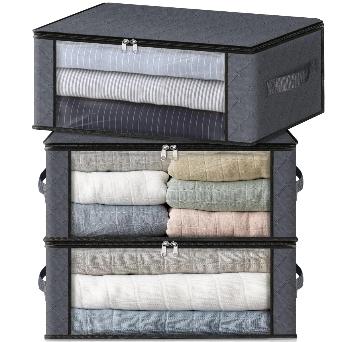 Three gray foldable fabric storage bins with clear windows and reinforced handles