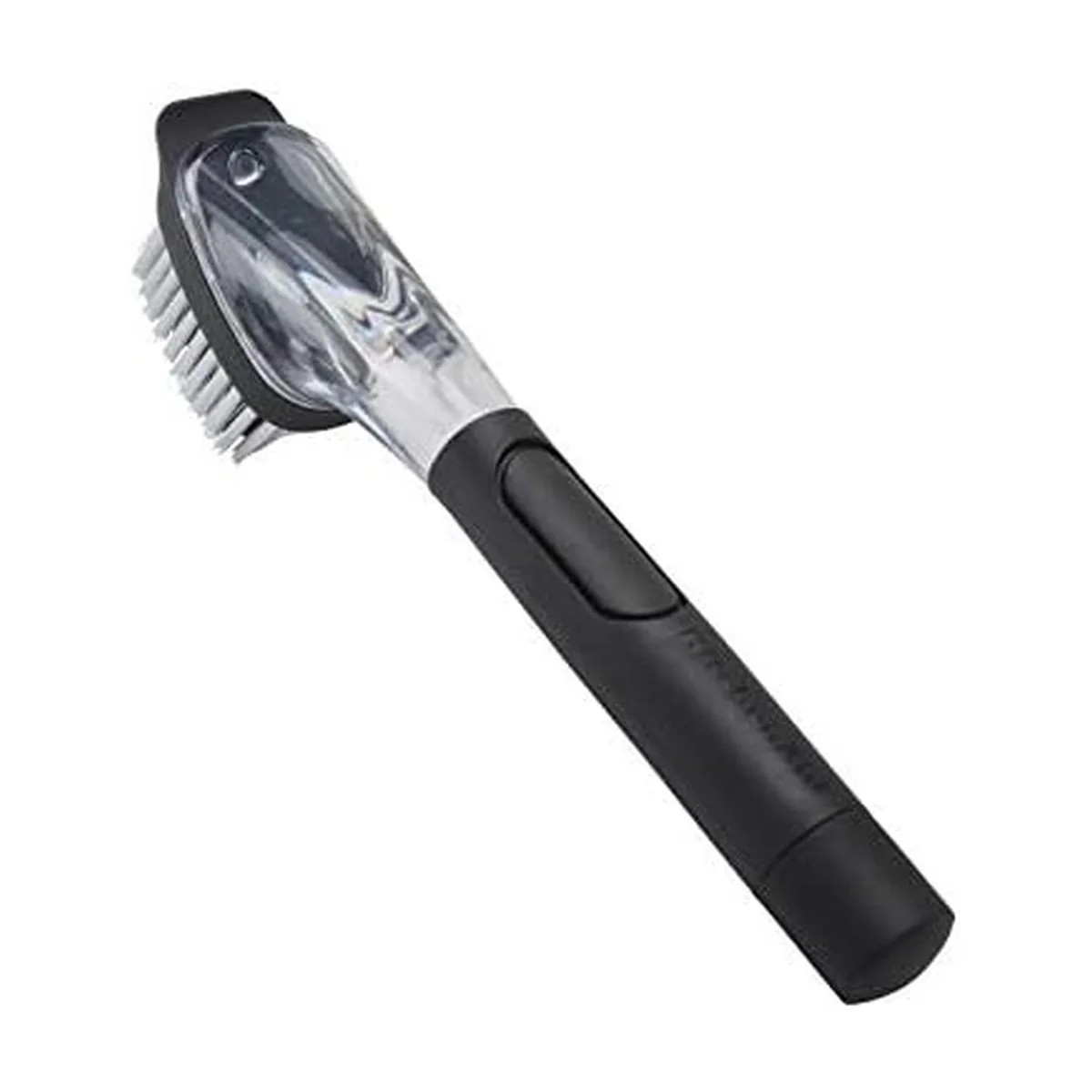Black soap-dispensing sink brush with nylon bristles, clear reservoir, push-button release, and non-slip grip