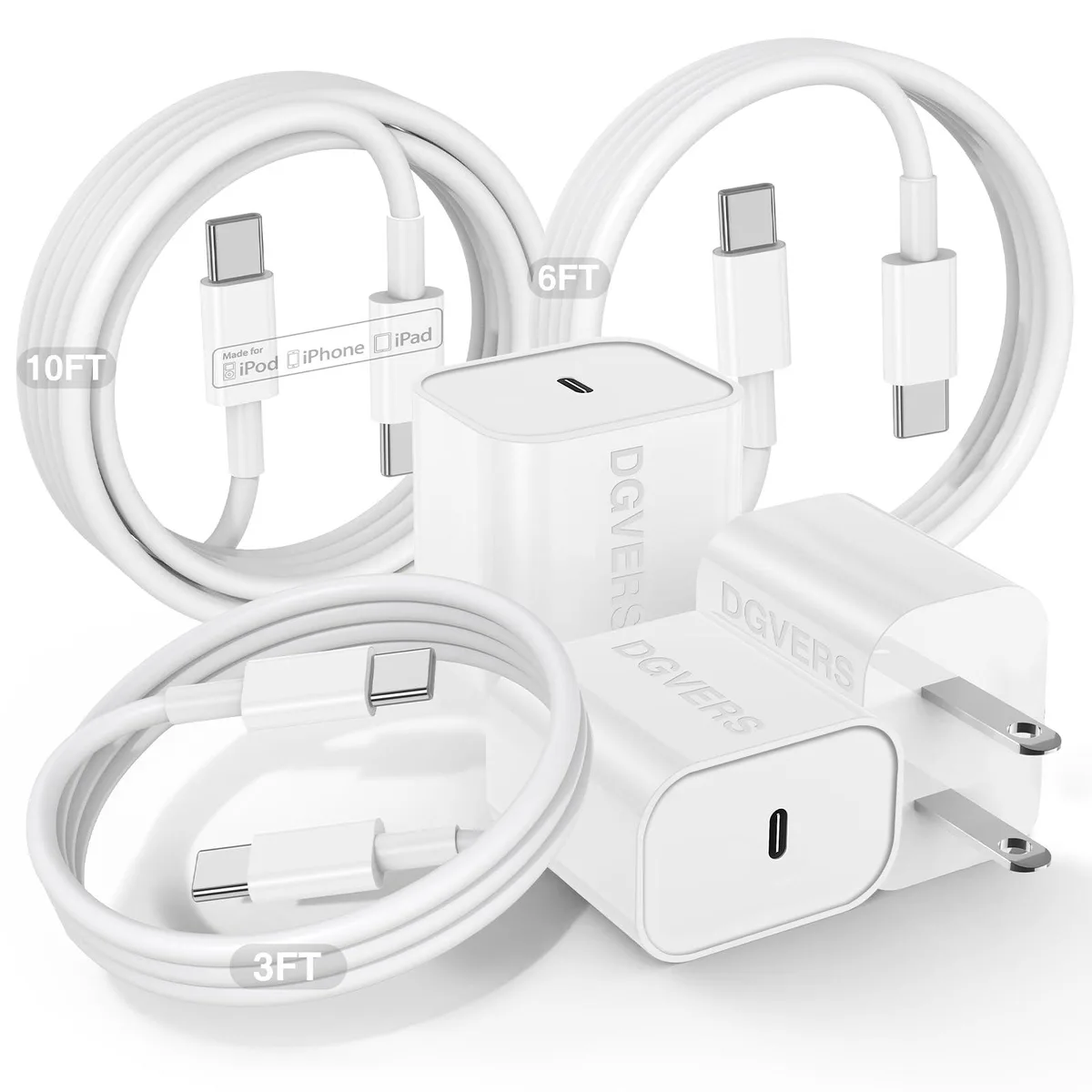 Three white 20W USB-C chargers with three cables in 3 6 and 10ft lengths