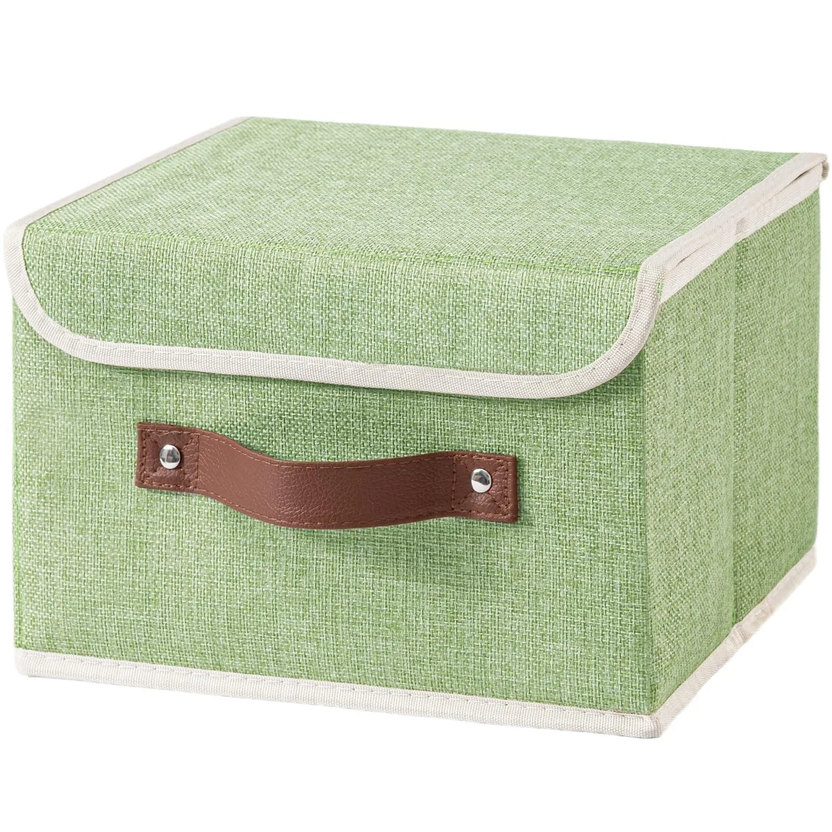 Green fabric storage bin with lid and faux leather handles, collapsible cube shape