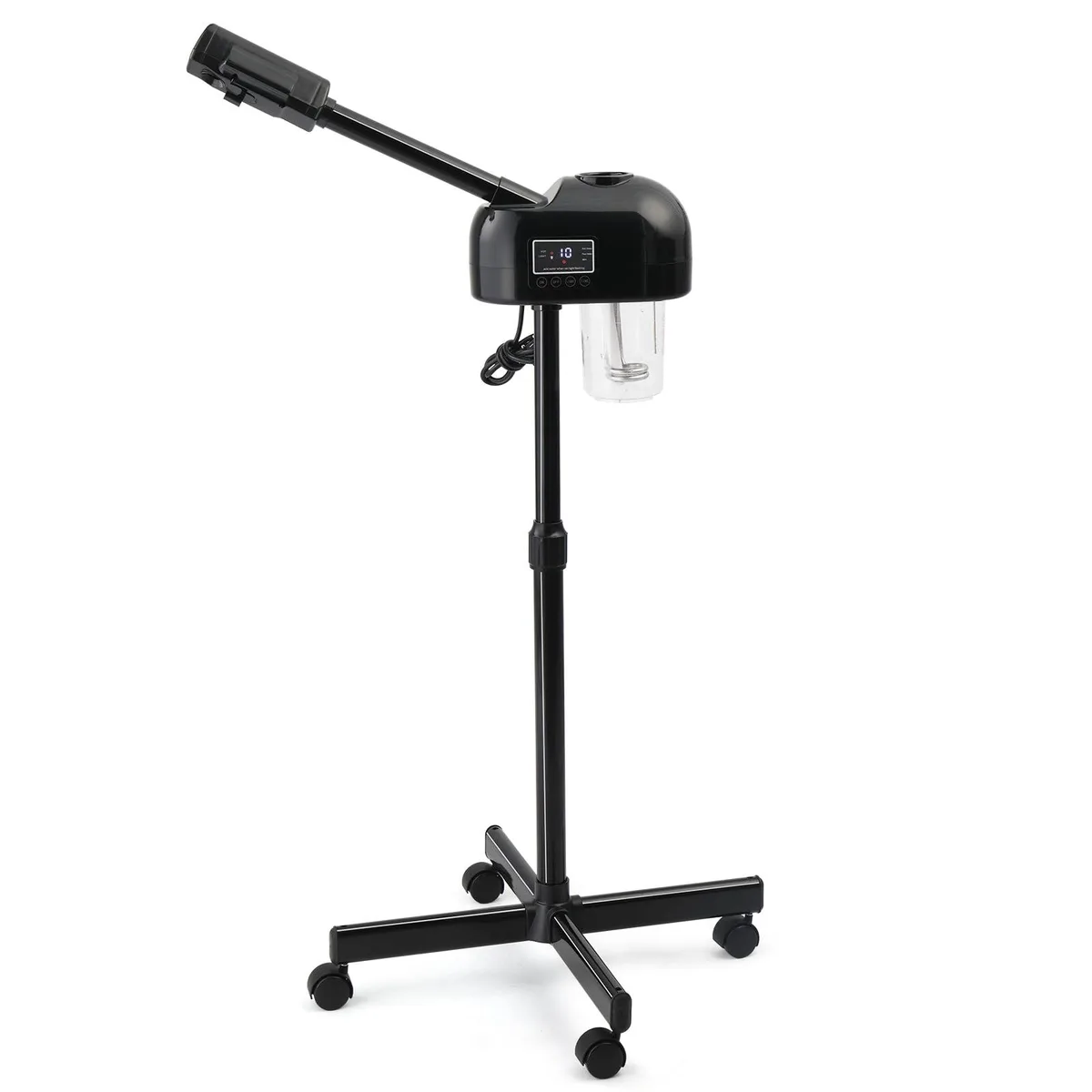 Black facial steamer on rolling casters with LCD touch panel and clear water cup
