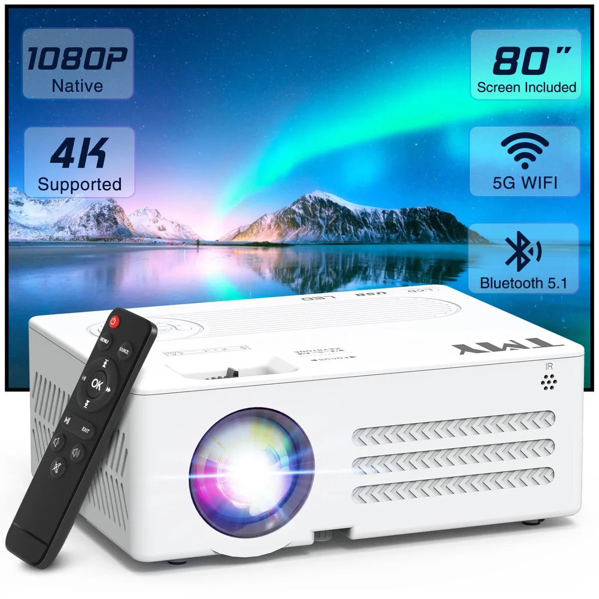 White rectangular LCD projector with foldable 80 inch screen