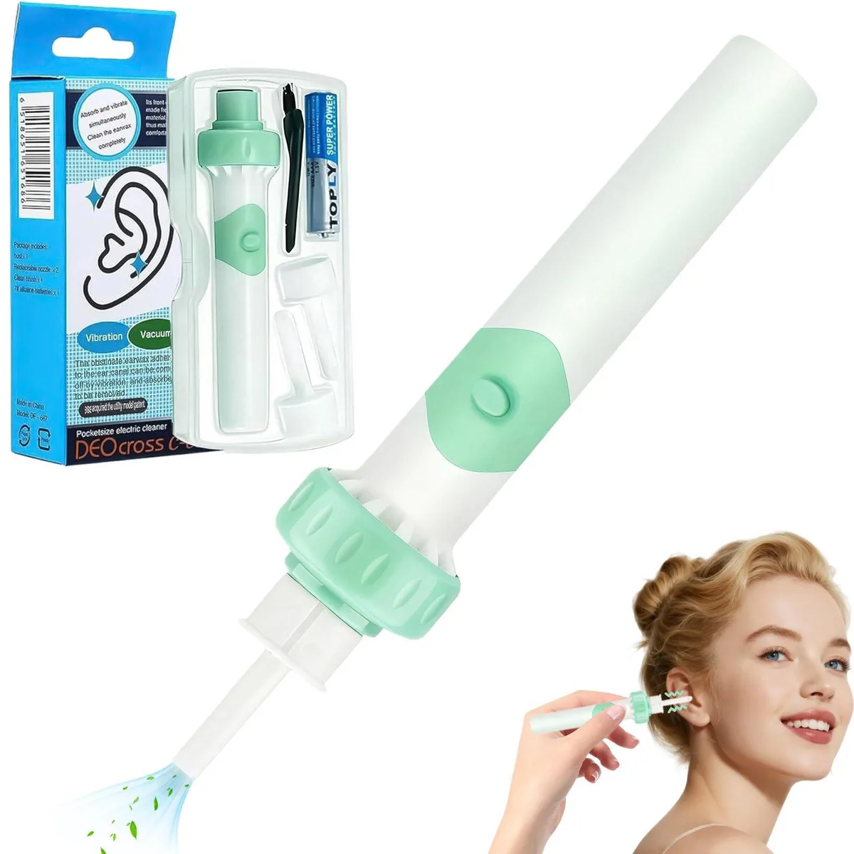 Aqua green electric ear wax remover, 4.7 in long, soft silicone tips, portable case