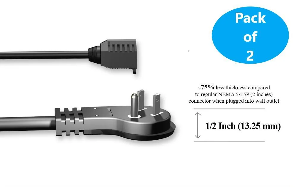 Micro Connectors Micro Connectors 3ft Low Profile Angled Power Extension Cord 16AWG 2-Pack — product photo