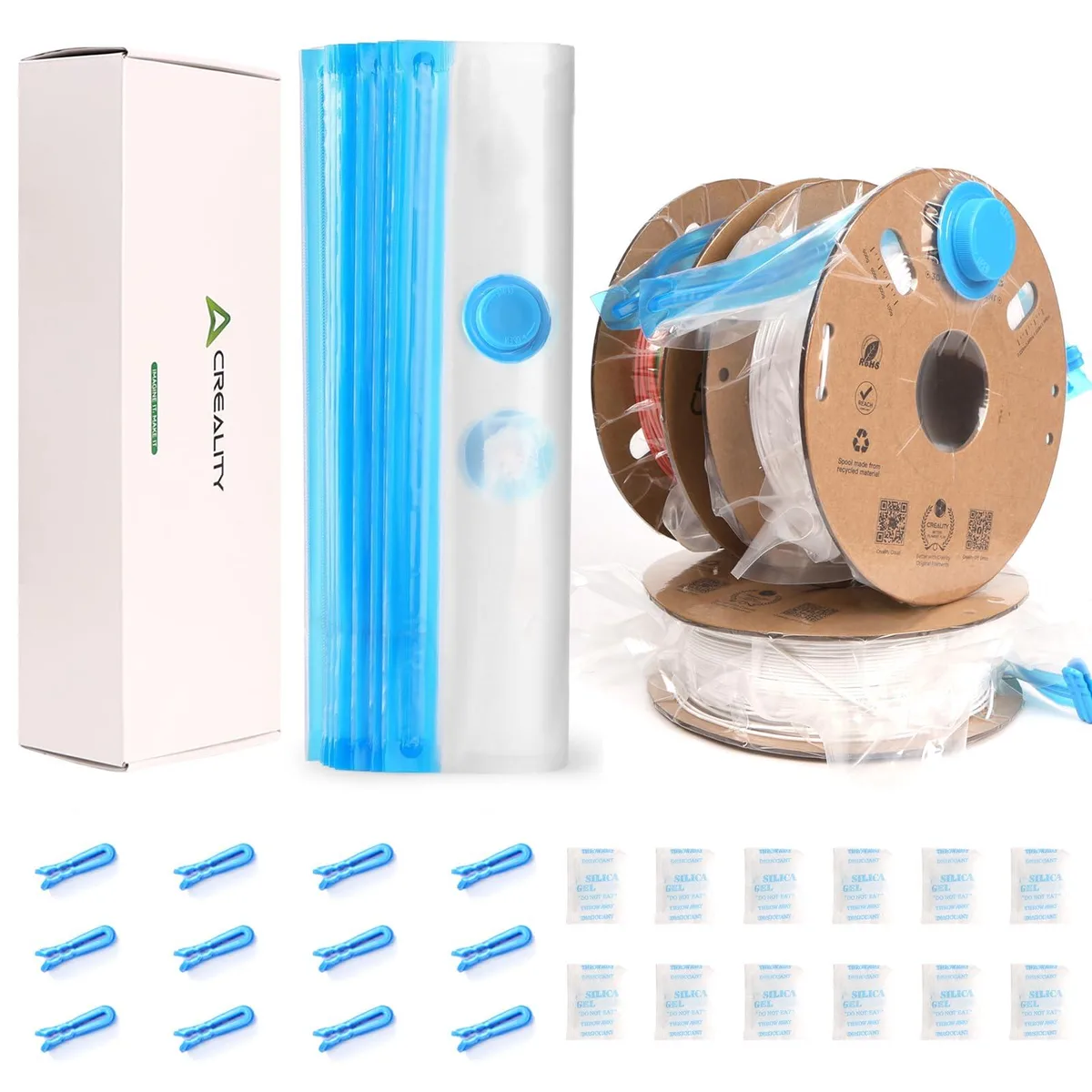 Twelve white square vacuum bags for filament spools