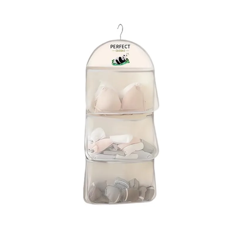 Beige three-layer mesh hanging organiser with metal hook, 87 by 40 cm