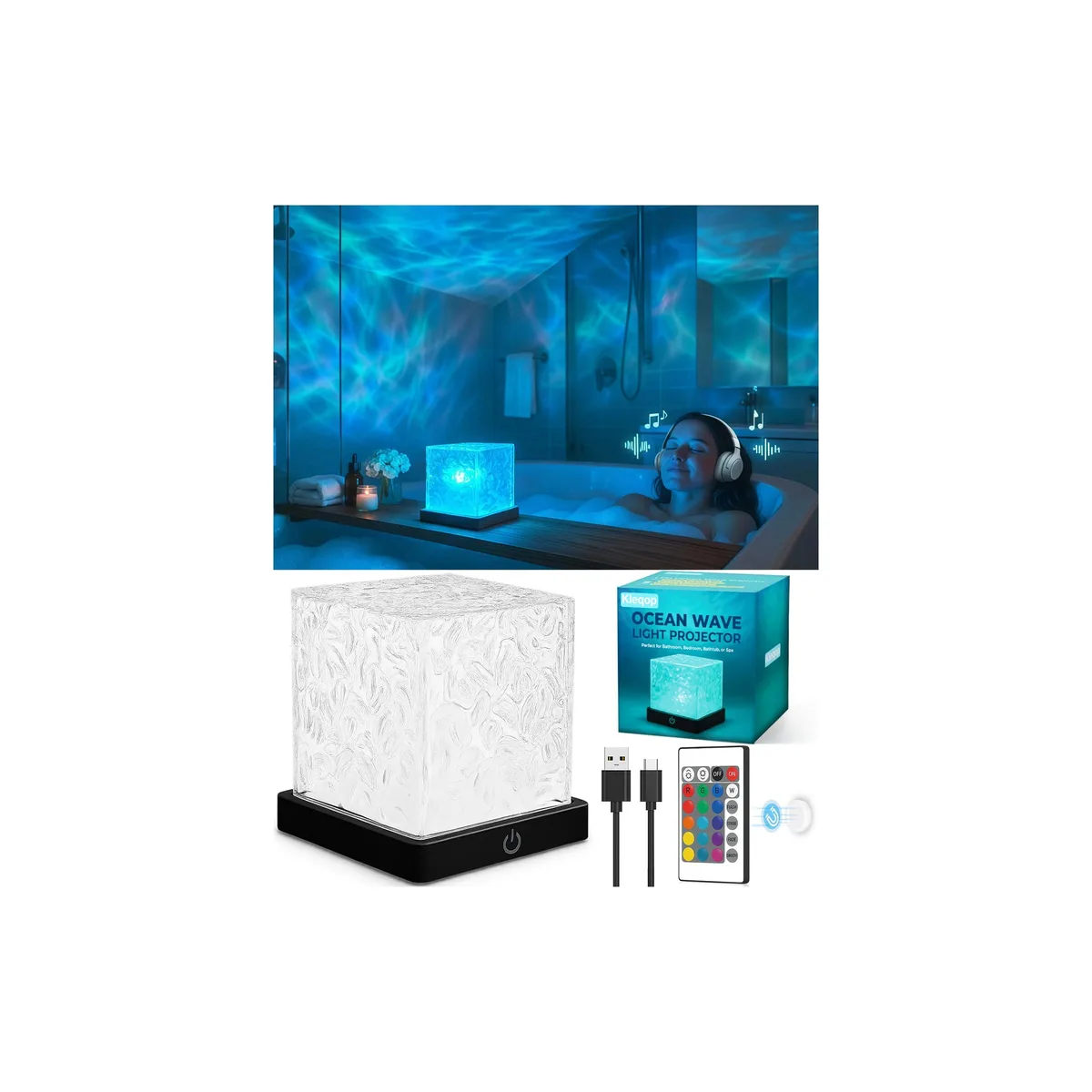 Small 11 cm clear plastic cube light with ocean wave projection