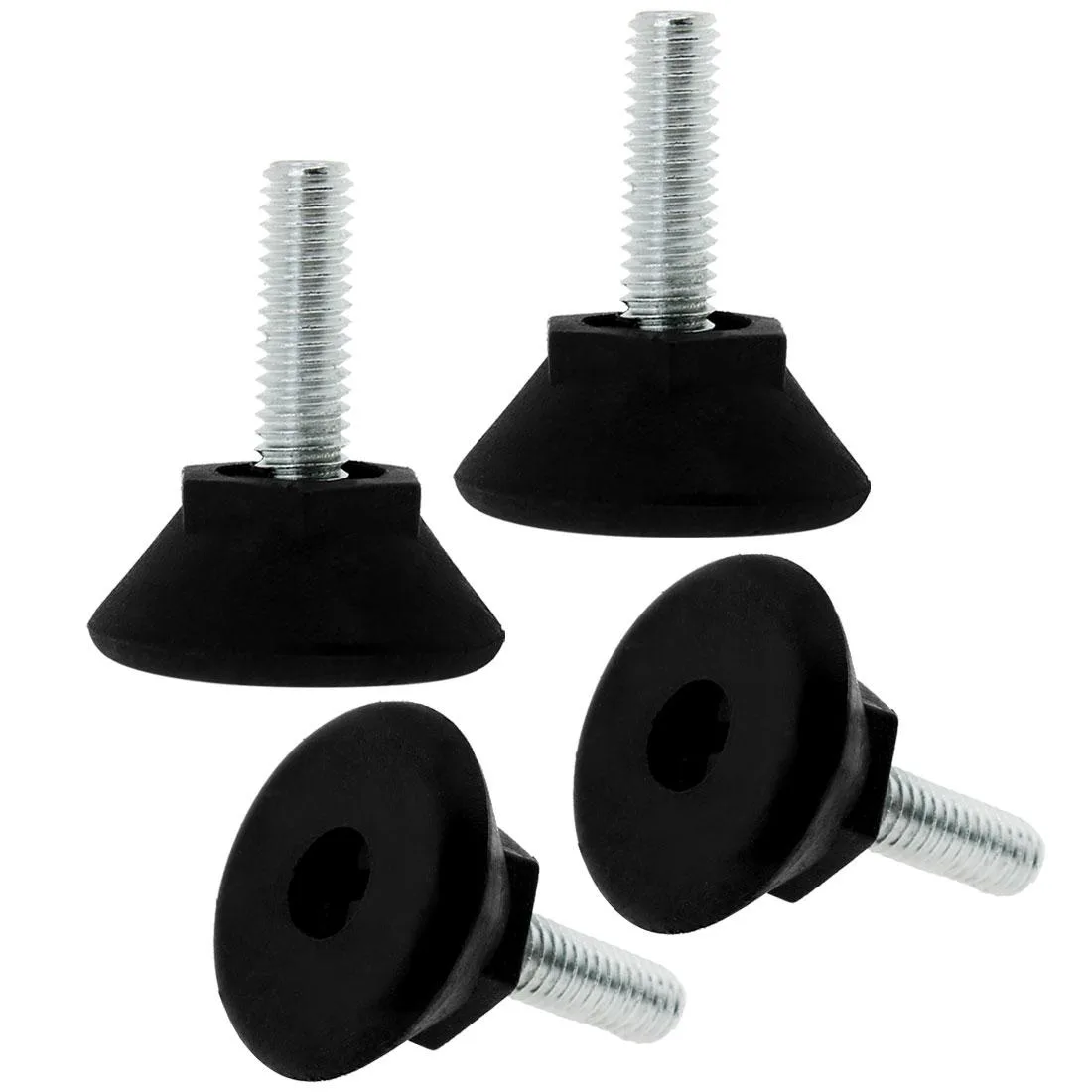 Four silver M6 adjustable leveling feet with black plastic bases