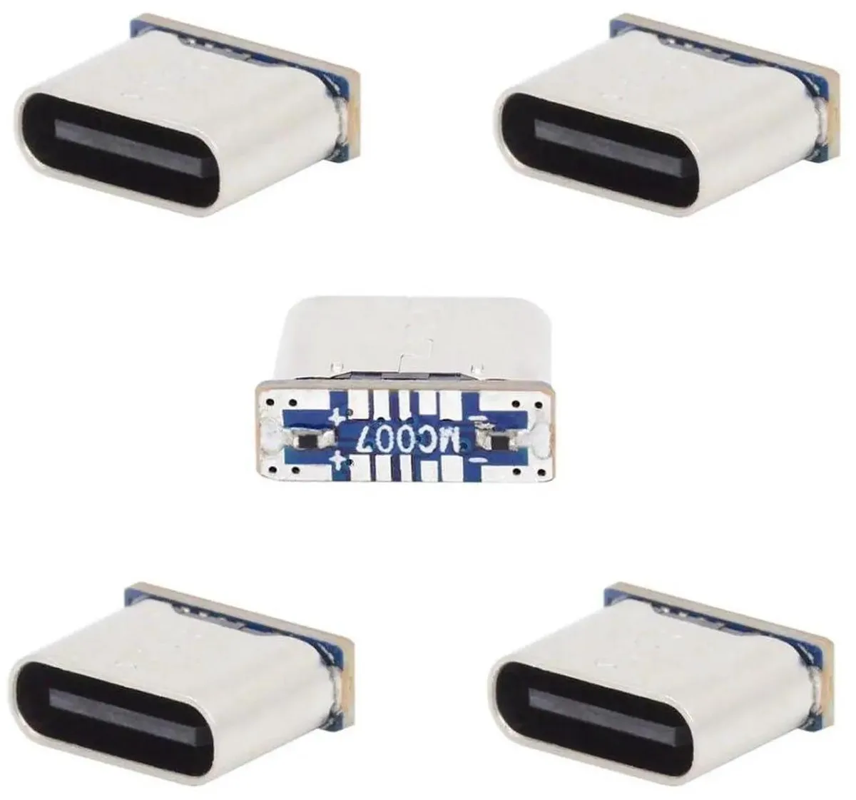 Five small green PCBs each with a Micro USB footprint and a USB-C female port