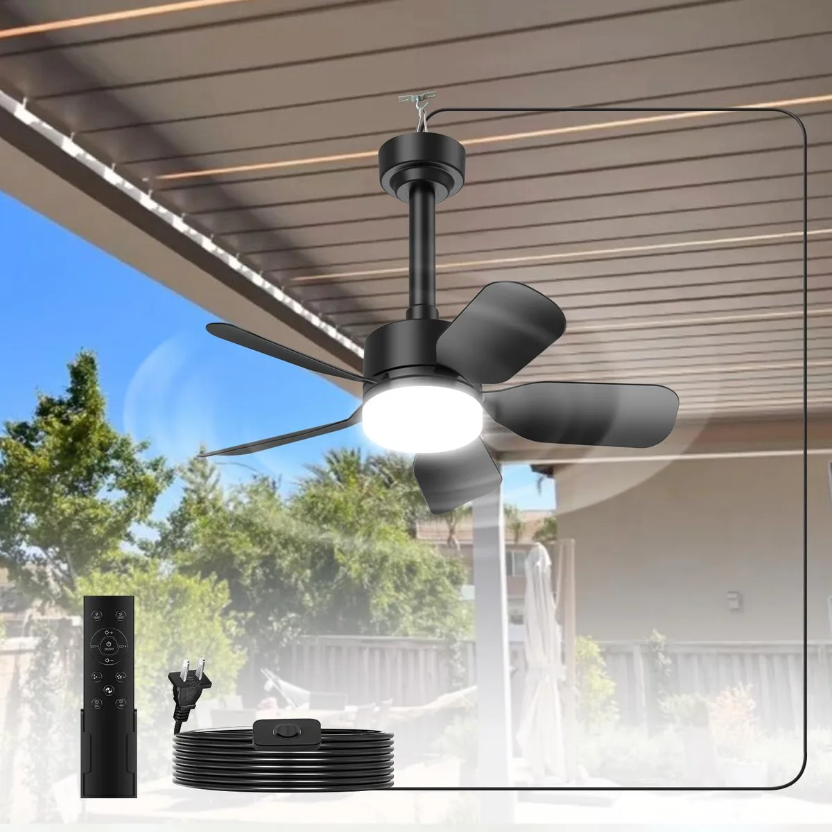 Black 20-inch ceiling fan with five blades and integrated LED light kit