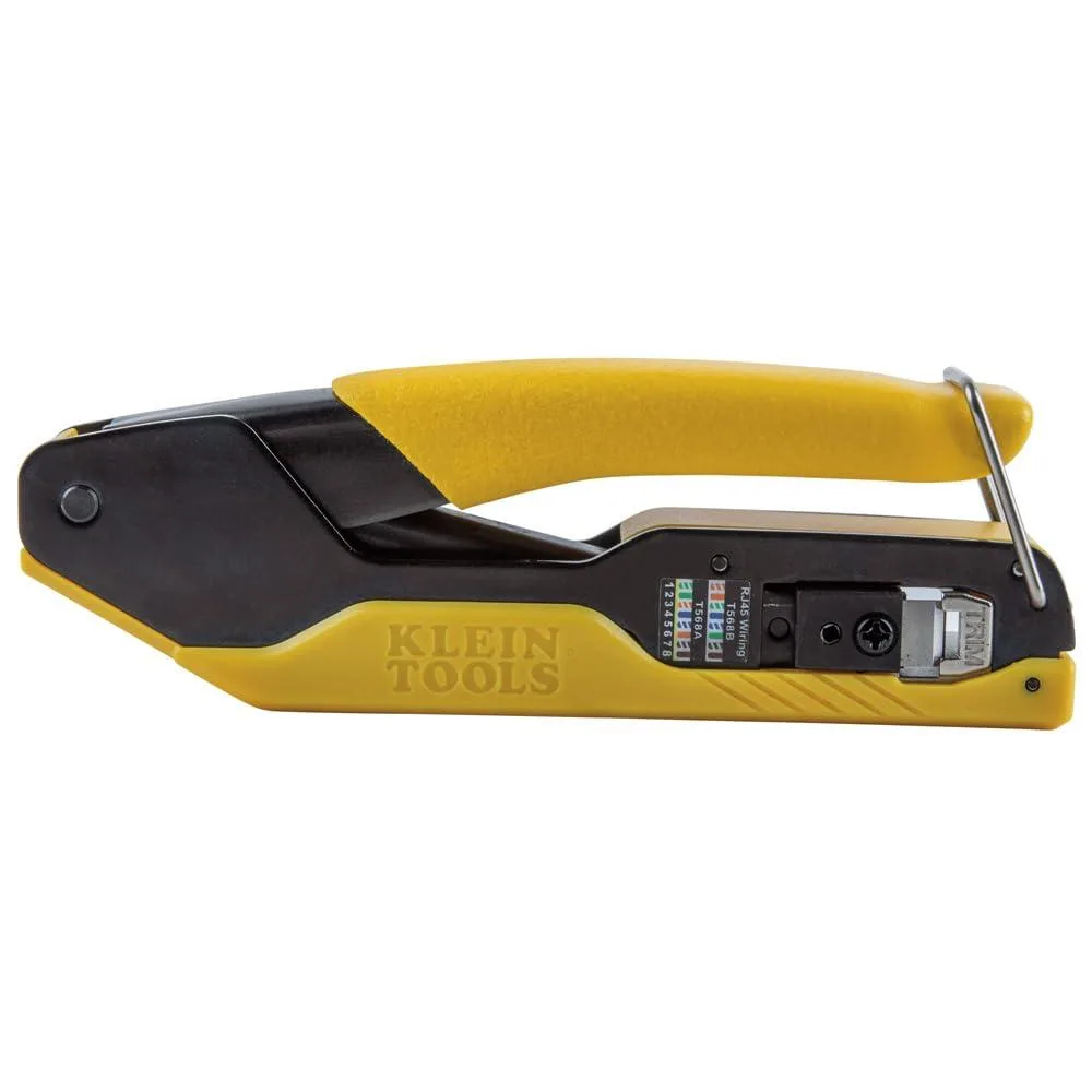 Black compact RJ45 pass-through crimping tool with yellow accents and wiring guide