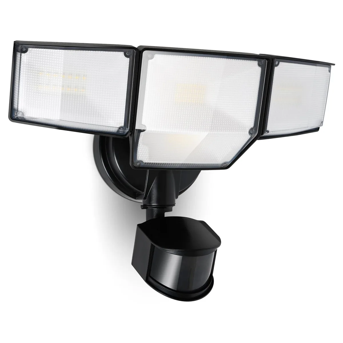 Black four-head LED floodlight with adjustable panels and motion sensor, rectangular aluminium housing
