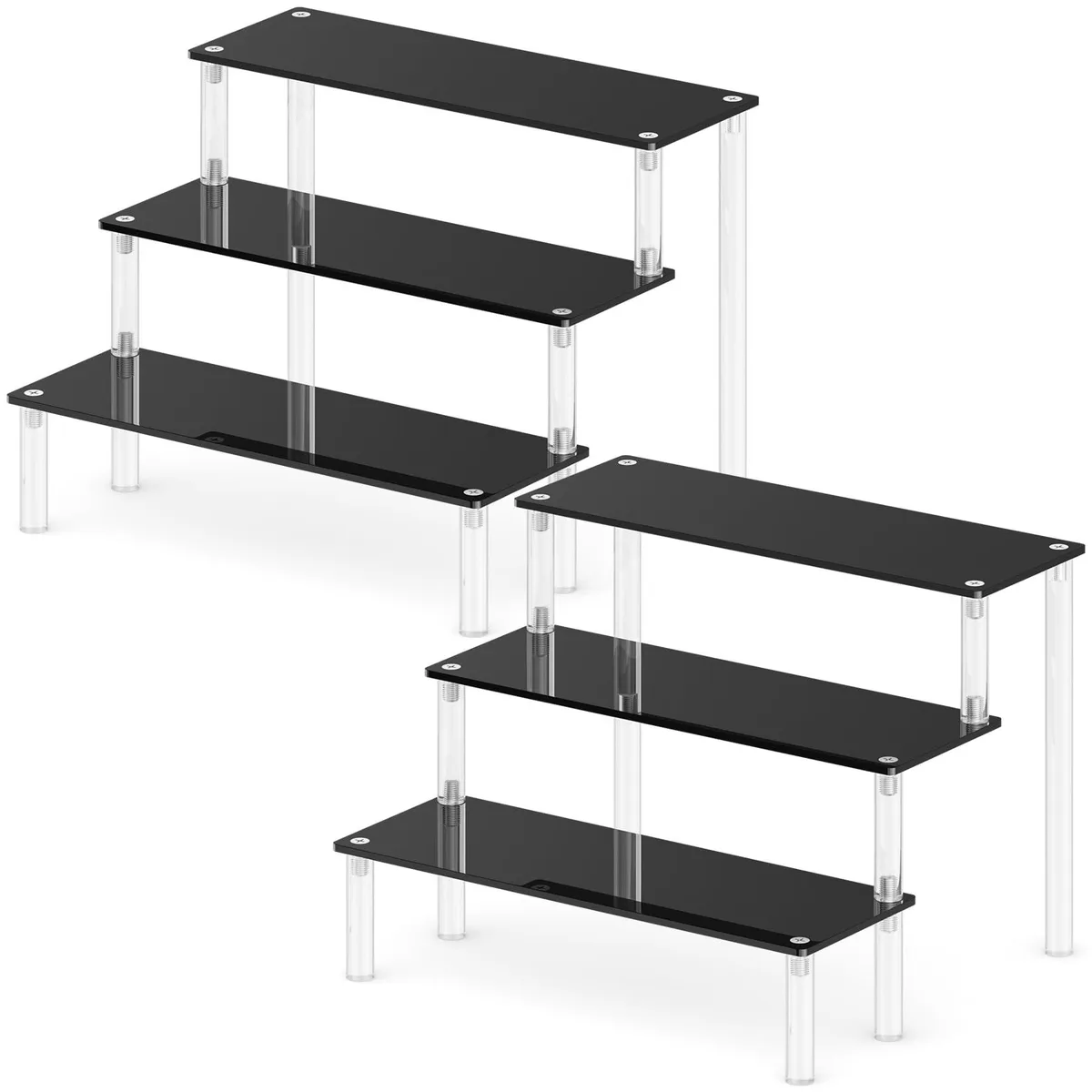 Two clear acrylic three-tier display risers, black accents, 7.9 in wide