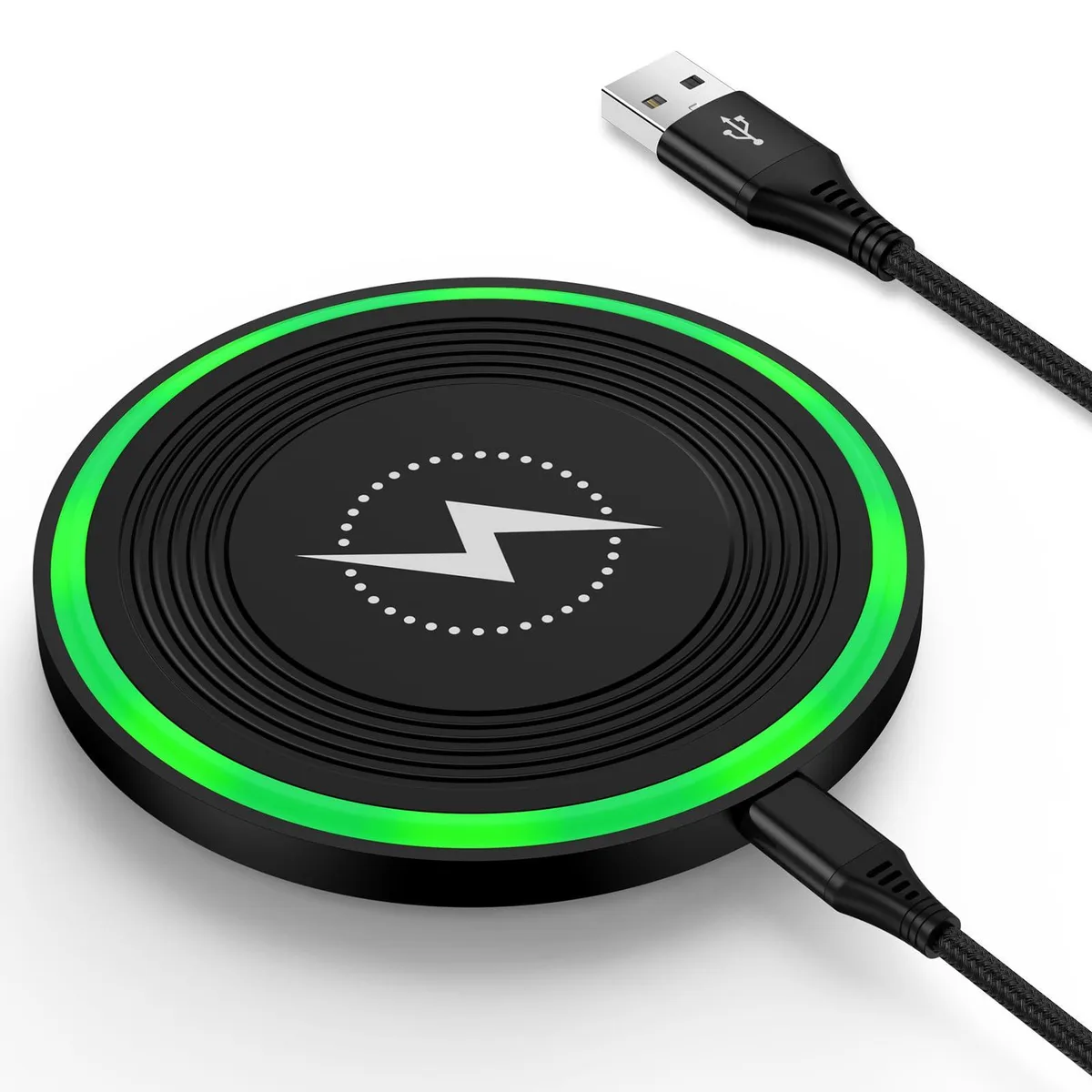 Flat circular wireless charging pad, matte black finish, USB-C cable attached