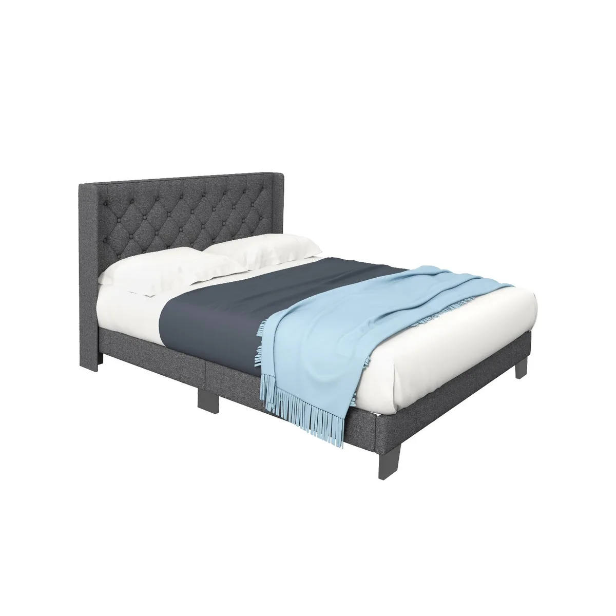 Grey queen platform bed with button-tufted headboard and wooden slats