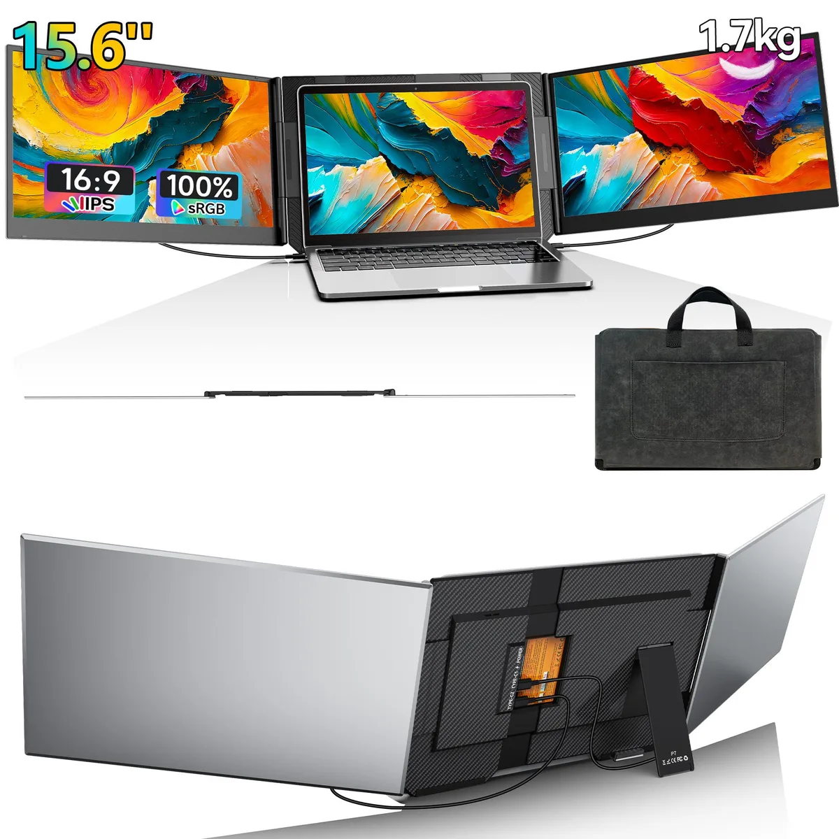 Laptomo Laptomo 15.6" Ultra-Thin Triple Portable Monitor 13-17" Plug-Play Dual Extender Mac Windows Chrome Silver — product photo
