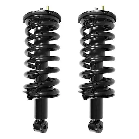 Pair of silver front strut assemblies with coil springs and top mounts, fully assembled