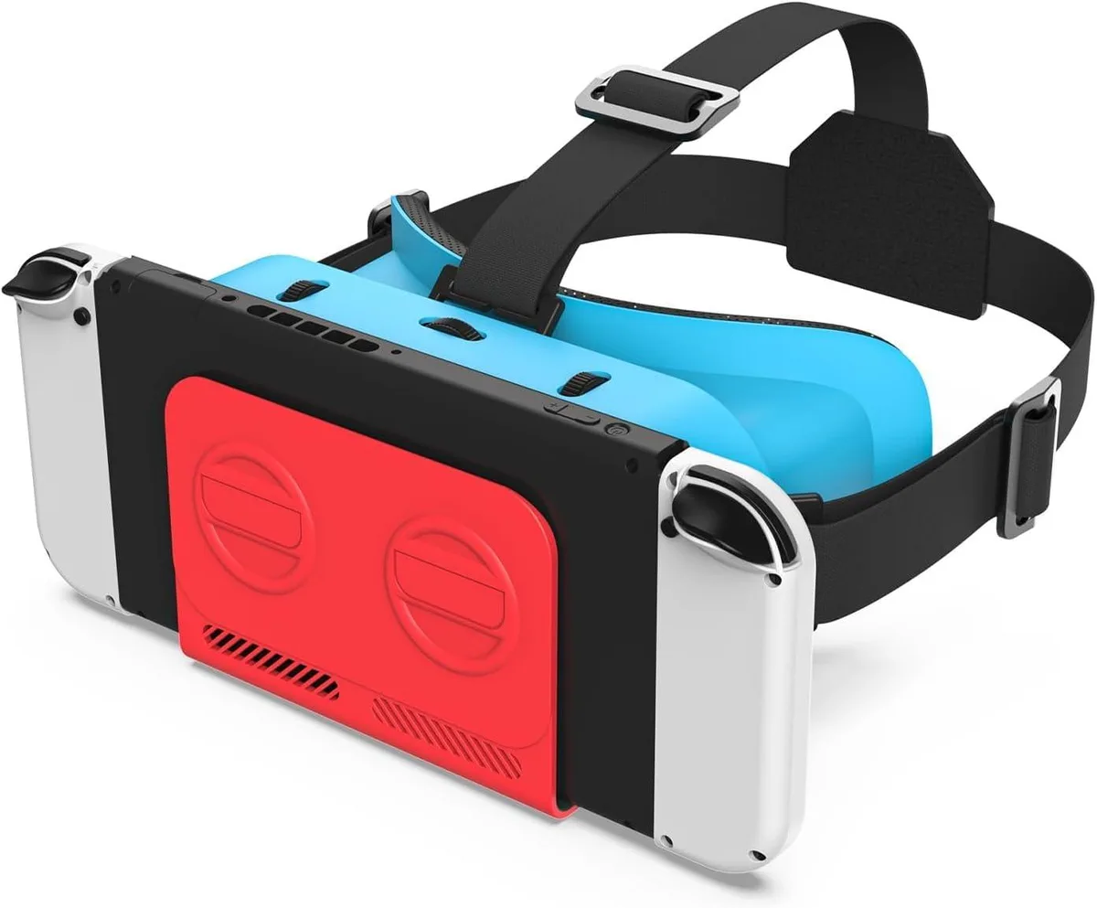 Blue and red VR headset for Nintendo Switch with adjustable straps and lenses