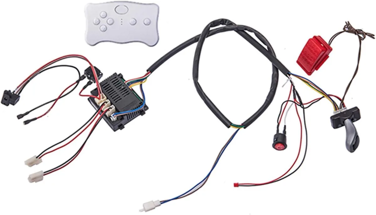 A 12V ride-on car conversion kit with 2.4G remote, circuit board, wires, switch, pedal and overload protector