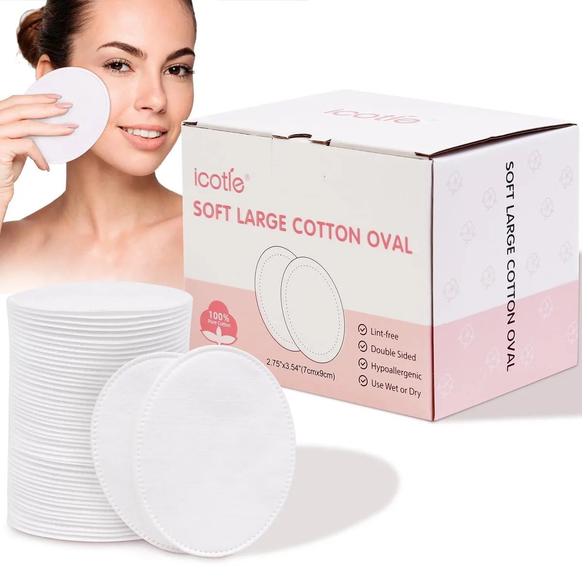 ICOTLE Oval Cotton Pads 100 Count 2.75x3.54in — product photo