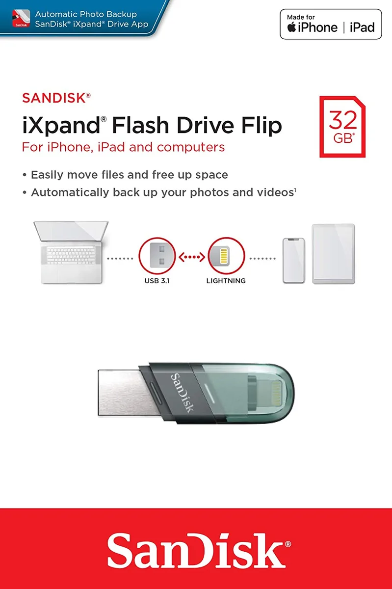SanDisk SanDisk SDIX90N-032G-GN6NN 32GB USB 3.1 iXpand Flash Drive Flip Silver/Blue — product photo