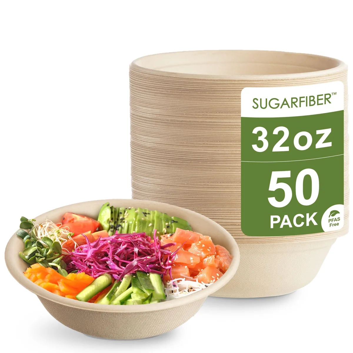 Stack of fifty round beige bagasse bowls, matte paper-like finish