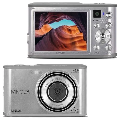 Silver compact digital camera with 2.8 inch LCD screen and rear selfie lens