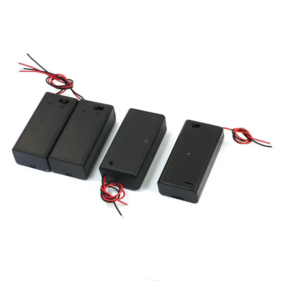 Four black 9V battery holders with caps and slide switches, each with red and black wires