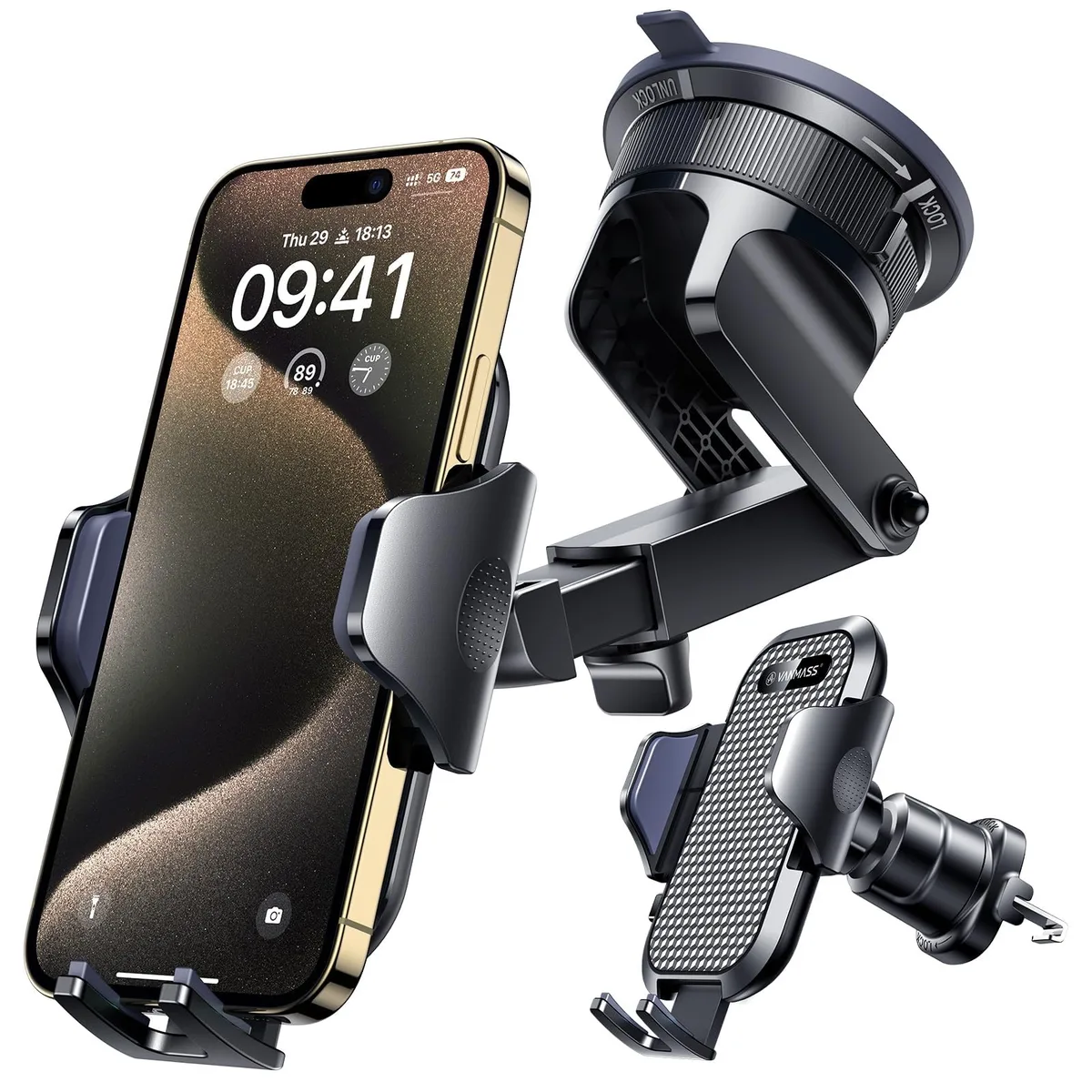 Ink black car phone mount with suction cup and vent clip, adjustable arm and cradle