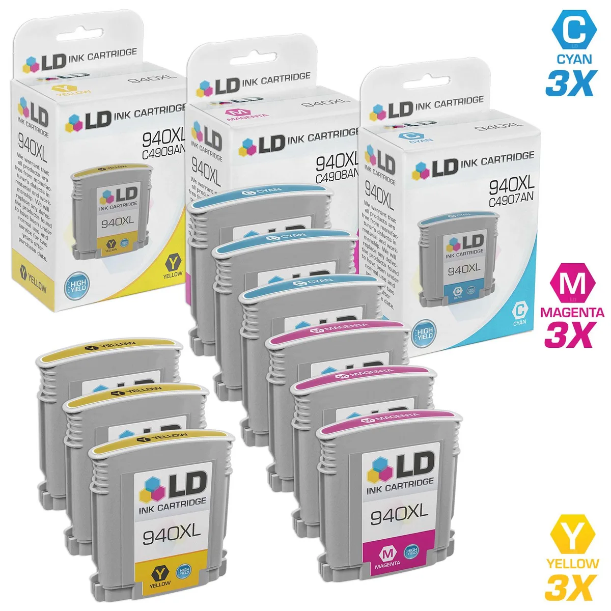 LD Products LD Products HP 940XL Ink Cartridges 9 Pack 1400 Pages C4907 C4908 C4909 — product photo