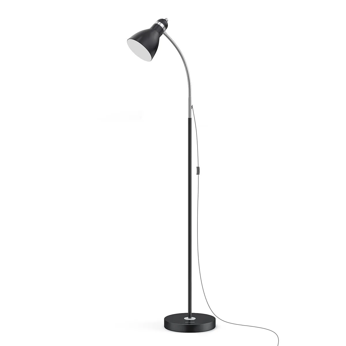 Black metal floor lamp with adjustable gooseneck and heavy round base