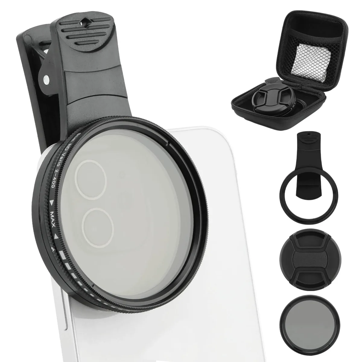 Black 52mm variable ND filter with clip-on phone mount, multi-coated rotating glass in slim frame