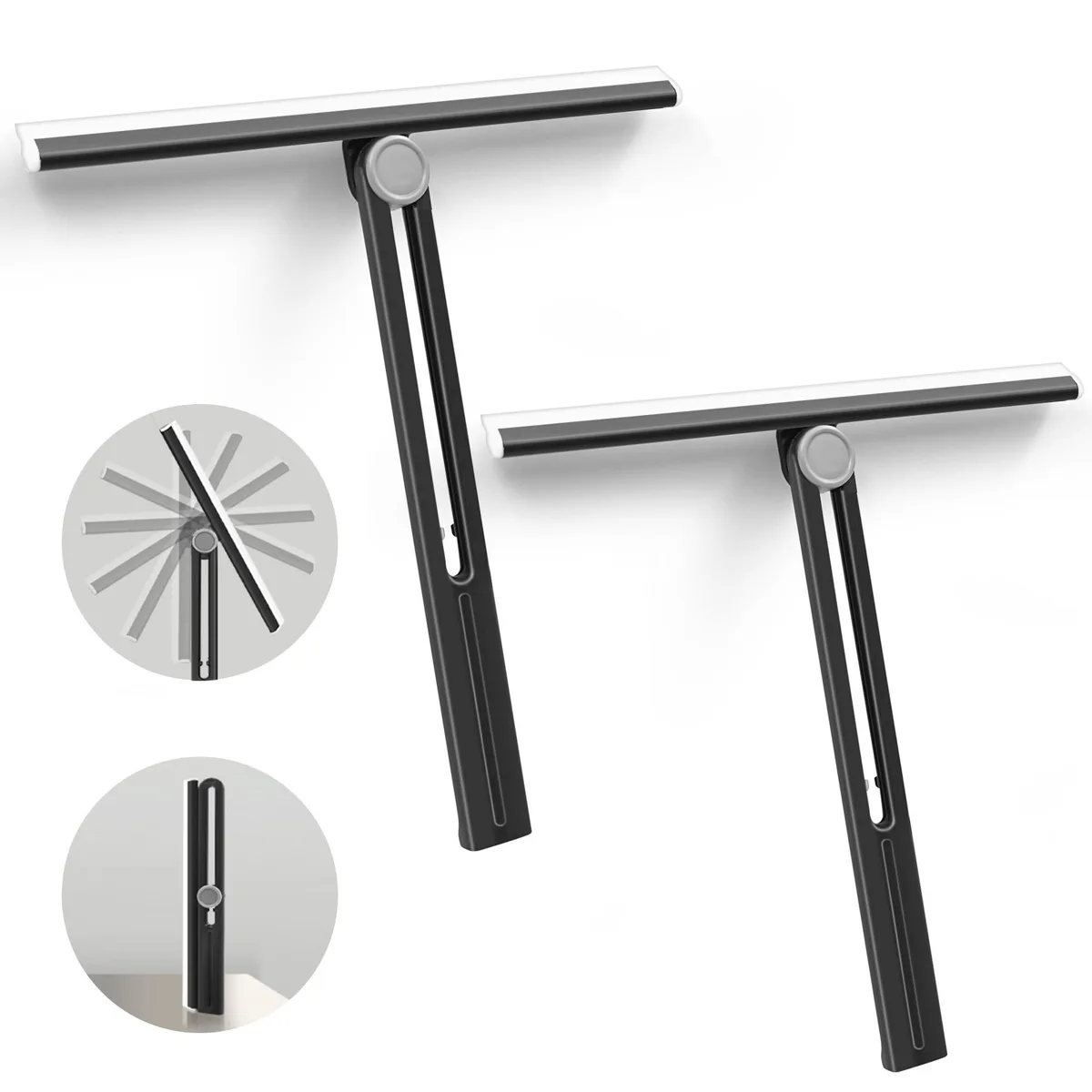 Two black 11-inch silicone squeegees with rotating heads, foldable handles