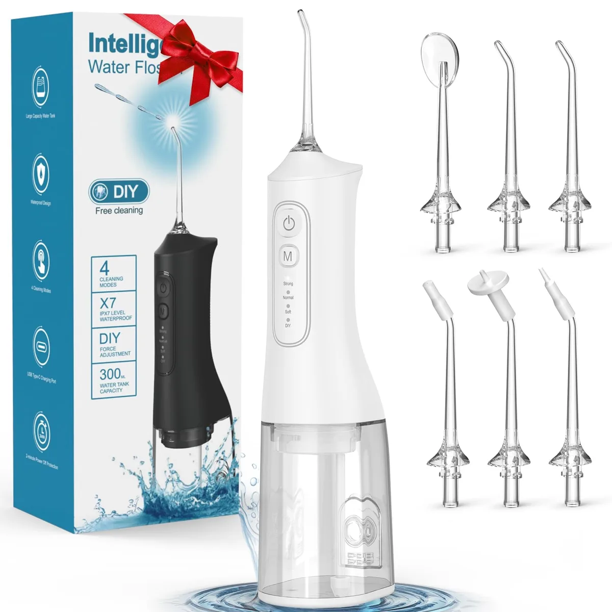 White cordless water flosser with 300ml detachable tank and six jet tips