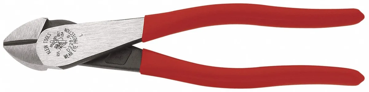 Seven-inch diagonal cutting pliers, gray steel head, red dipped pistol-grip handles