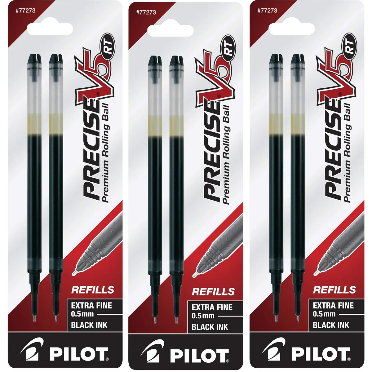 Six black retractable rollerball refills in plastic packaging
