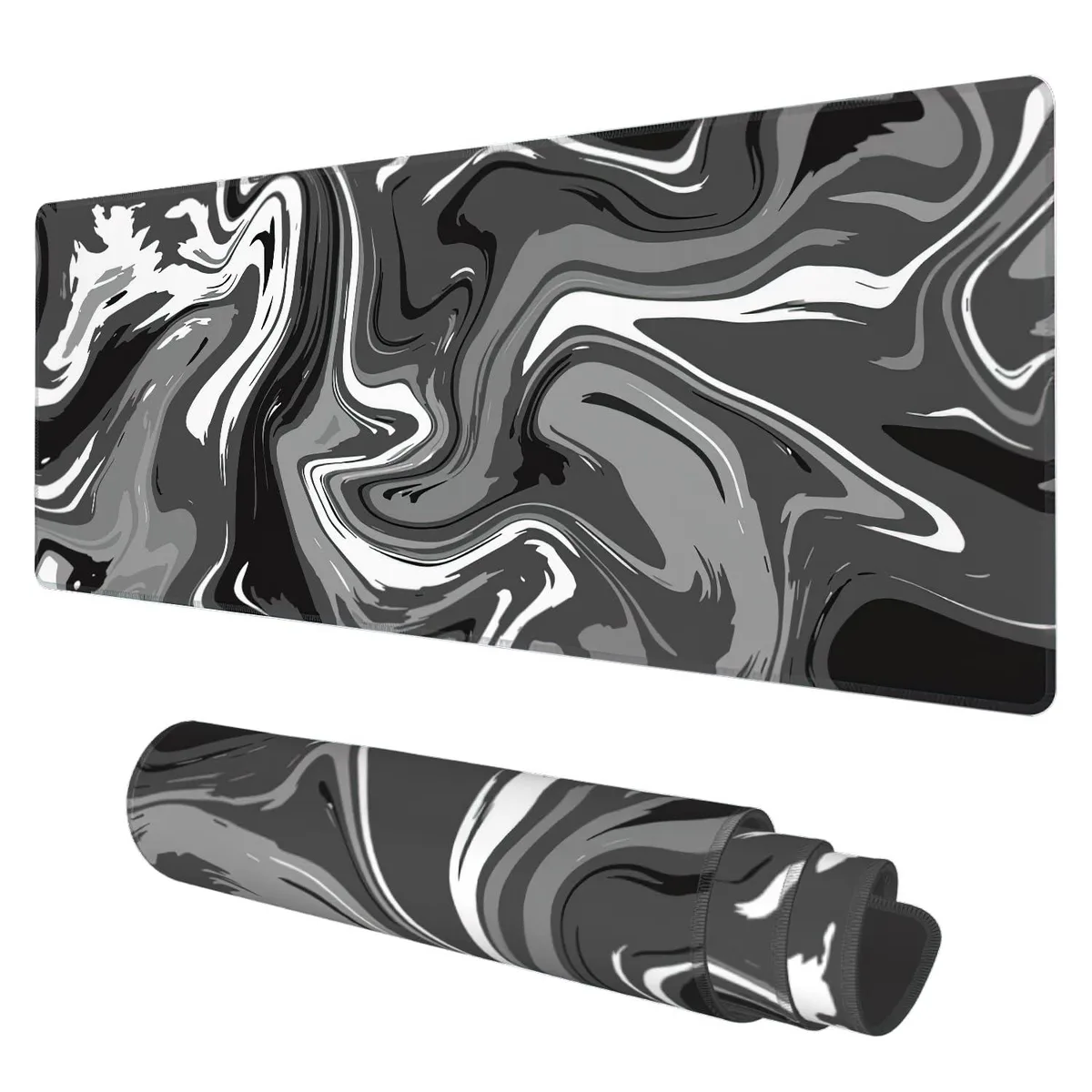 Rectangular black and white ink wave desk mat, stitched edges, 80 by 40 centimetres
