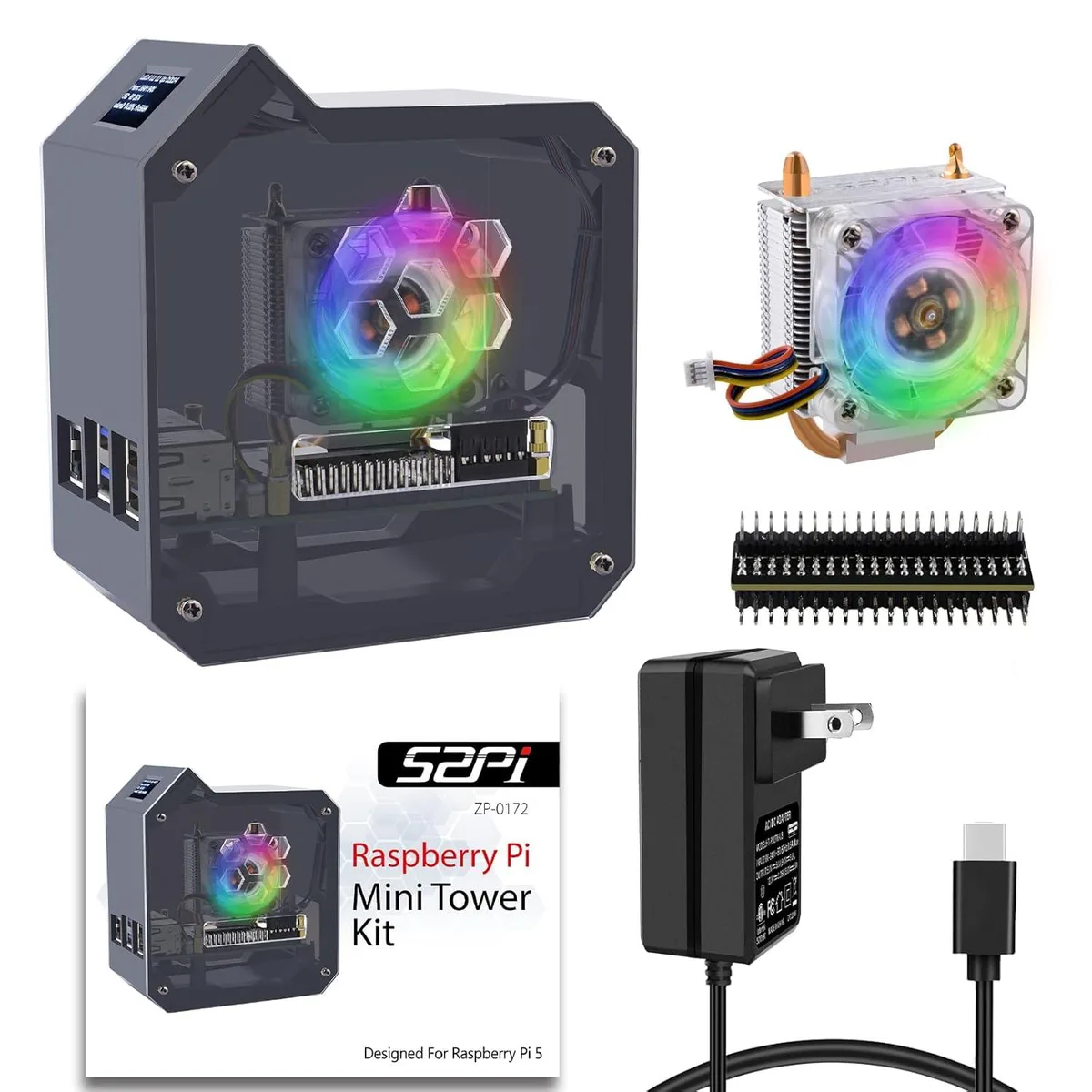 BFKK BFKK Mini Tower Kit for Raspberry Pi 5 with 27W PSU, ICE Tower Cooler, .96 OLED, RGB Fan, GPIO Board — product photo