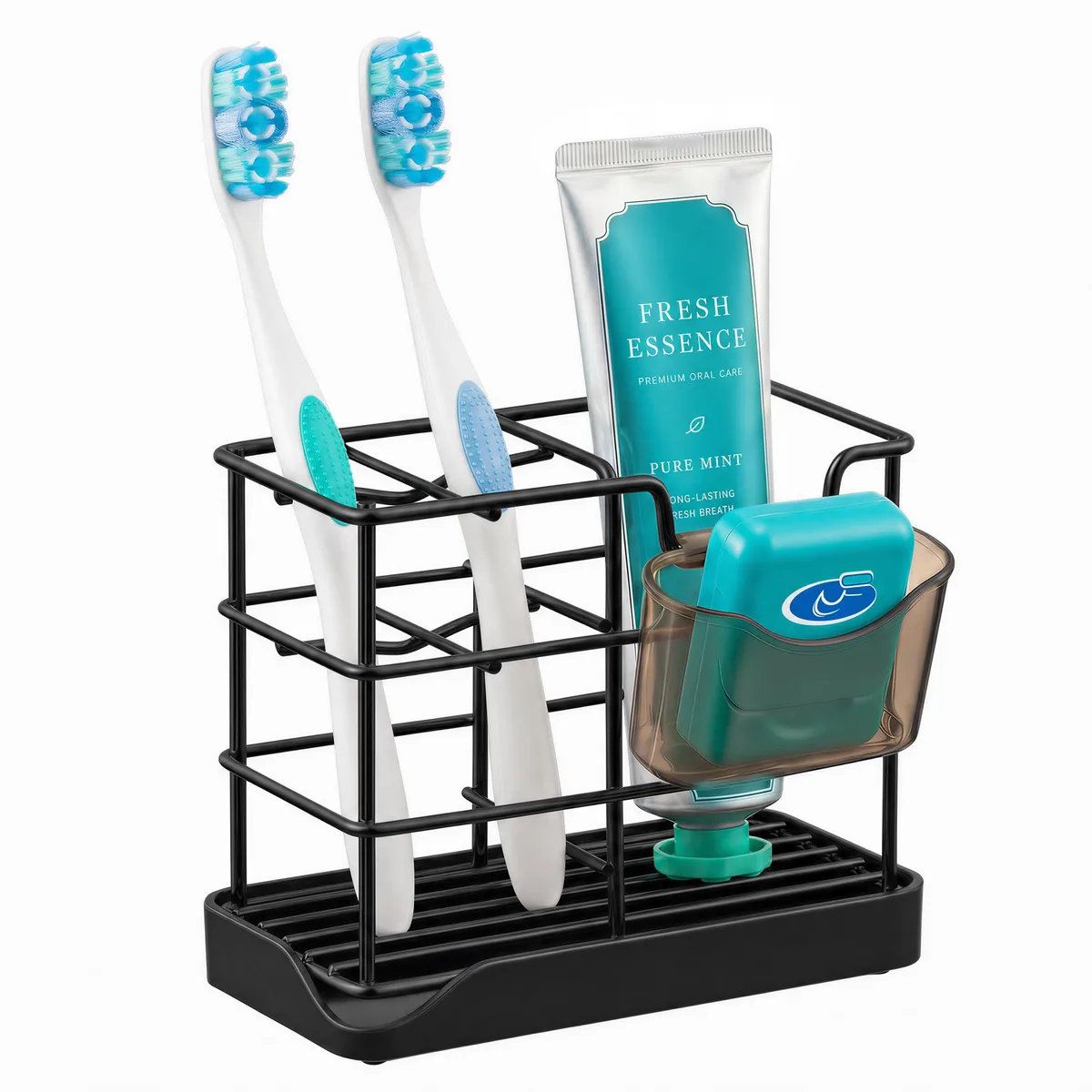 Black stainless steel toothbrush holder with removable drip tray and small storage box