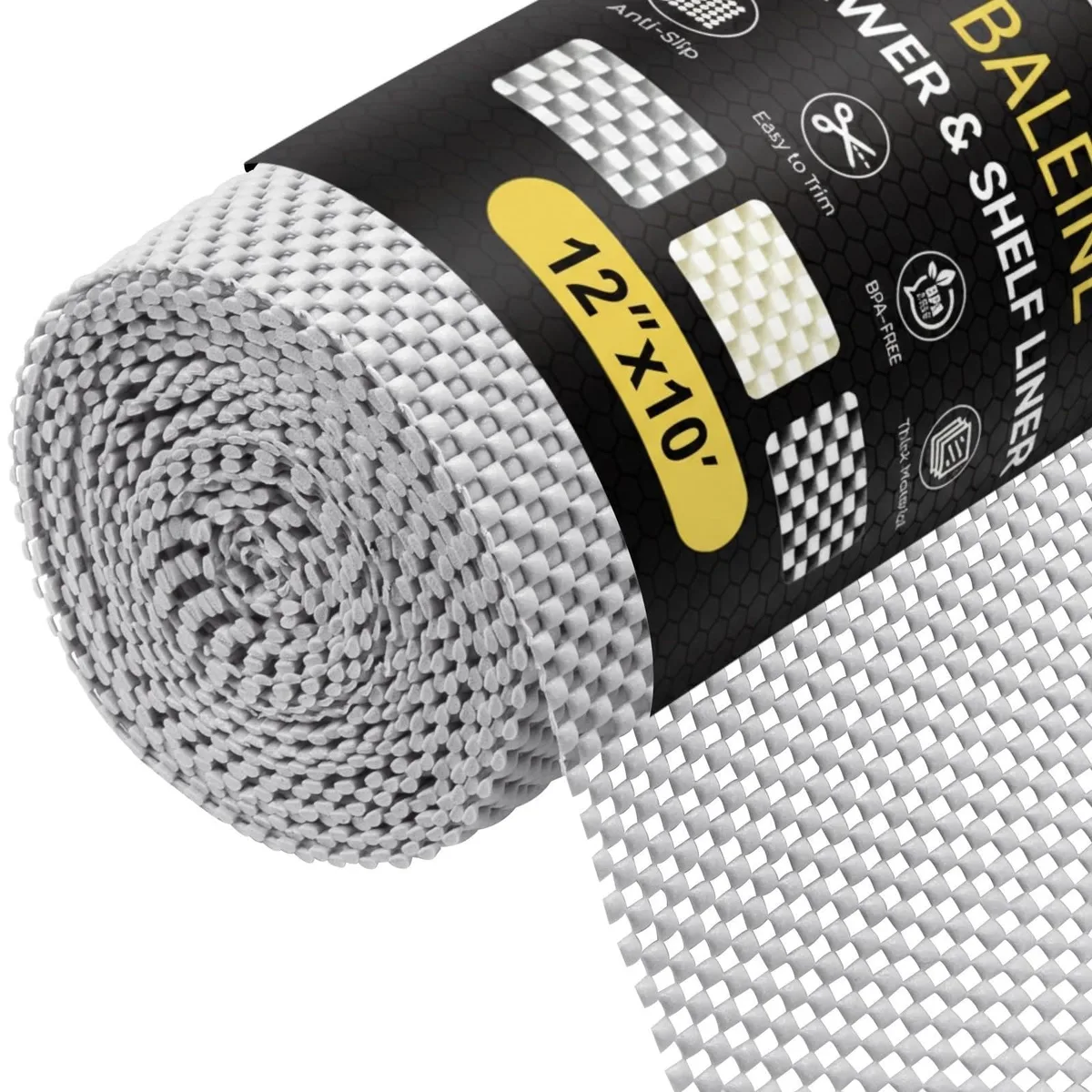 Gray non-slip cabinet liner roll 12 in by 10 ft with perforated mesh surface