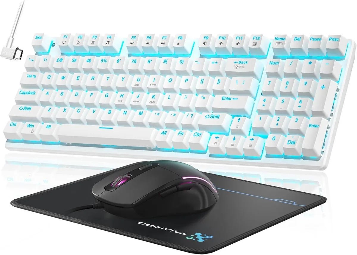 BFKK BFKK Mechanical Gaming Keyboard and Mouse Set White 98-Key 18 Modes Blue LED 4 DPI 800/1600/2400/3200 — product photo