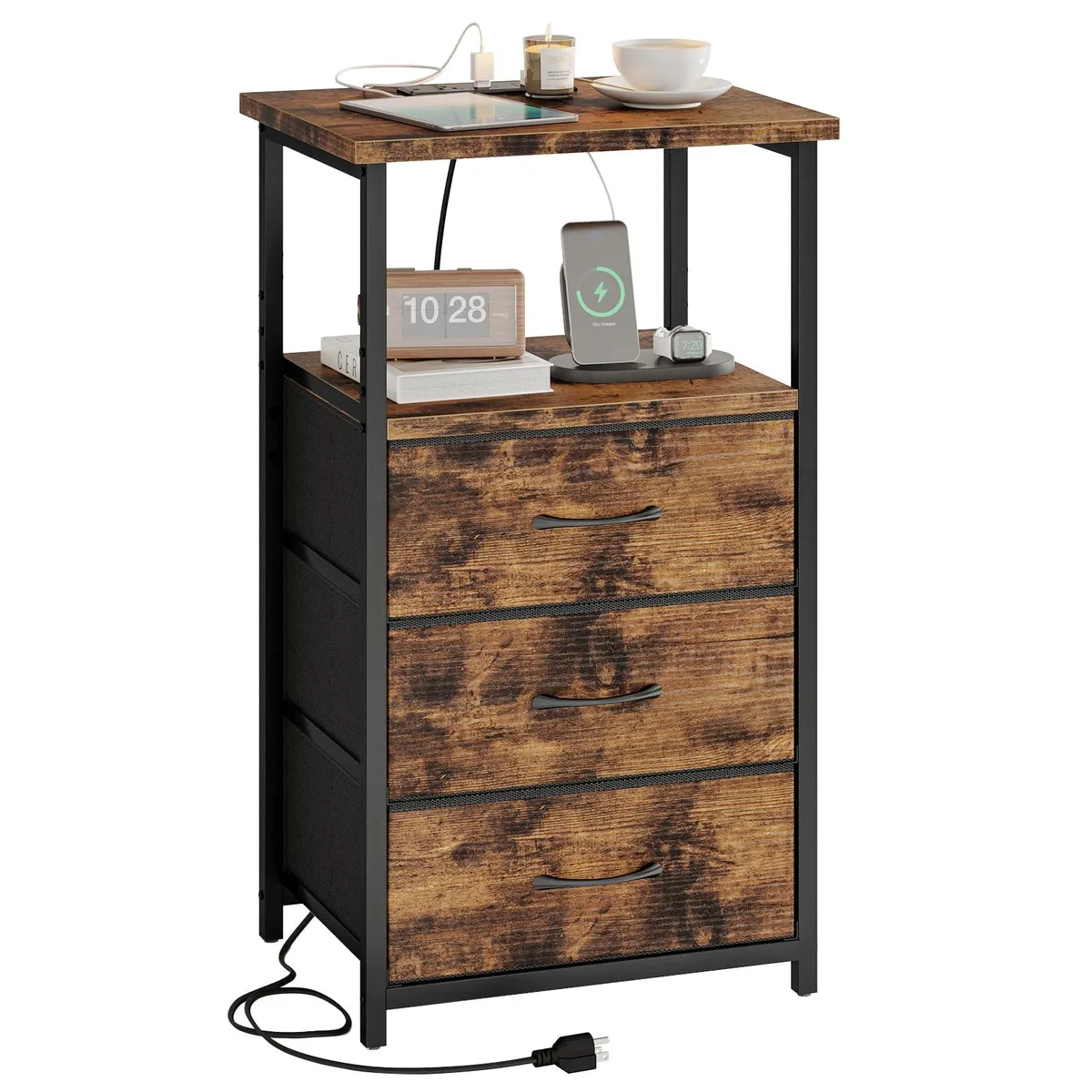 Rustic brown nightstand with three fabric drawers, metal frame and open shelves