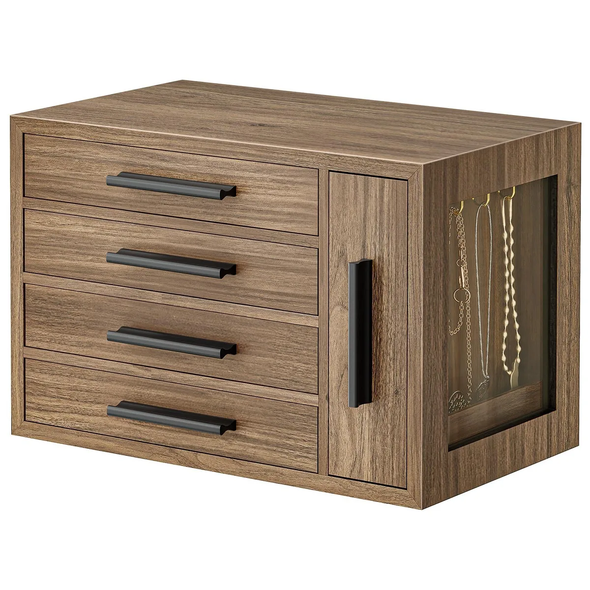 Light walnut wooden jewelry box with black accents, four drawers and a side necklace compartment, transparent window, metal handles